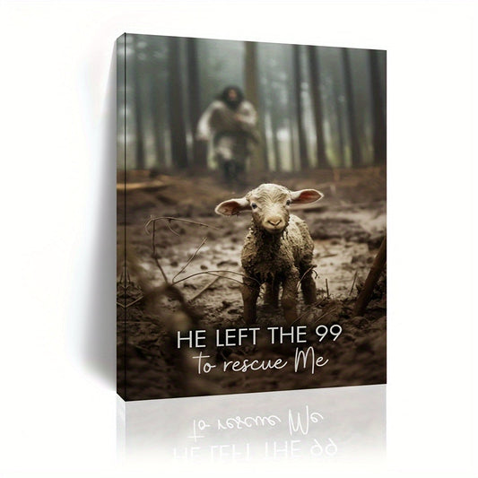 KTX-034963 Framed Canvas Art: He Left 99 Sheep to Save Me - Christian Wall Decor for Living Room and Bedroom