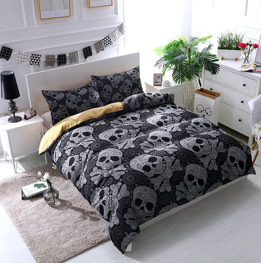 KTX-037971 Watercolor Flower Skull 3-Piece Bedding Set with Duvet Cover and Pillowcases
