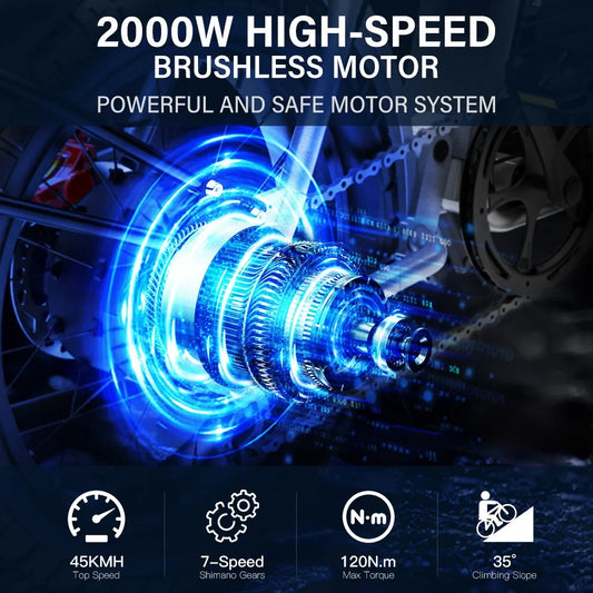 KTX-040019 2000W Electric Fat Tire Bike - 65km/h Max Speed, 20-Inch Wheels, 7-Speed Gears, LCD Display, Urban Commuter