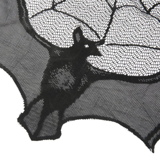 KTX-043475 Black Spider Web Bat Lace Curtain - Halloween Decoration, Polyester Fiber, 93 x 57 cm