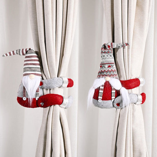 KTX-045779 Christmas Curtain Buckle - Non-Woven Fabric with Striped Hat Forest Design, 38cm Height, 26cm Width, Two Beard Styles Available
