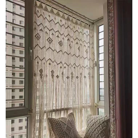 KTX-046931 Hand Woven Bohemian Hoop Door Curtain - Nordic Style Cotton Tapestry, Original White Beige, 85x200 cm