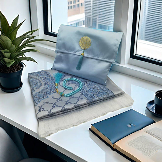 KTX-055699 Muslim Prayer Mat Set with Beads and Travel Bag - Washable Polyester Fiber, Modern Square Design