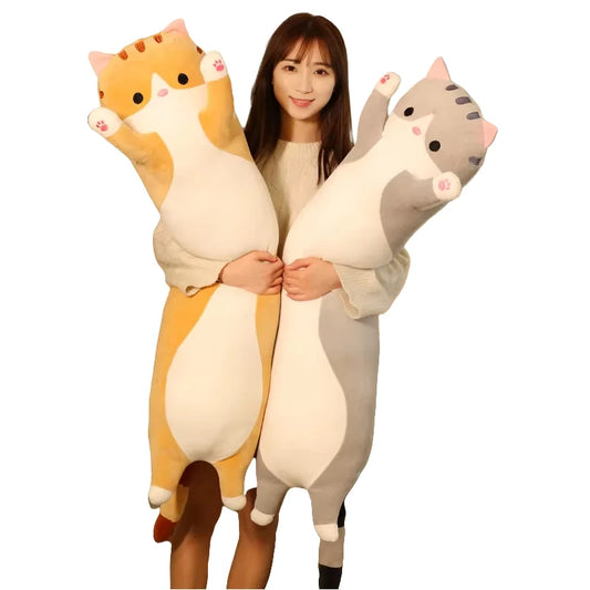 KTX-070035 Cute Cartoon Cat Plush Pillow - Soft Long Cat Stuffed Toy for Kids, Home Decoration - Available in Various Sizes