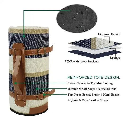 KTX-103059 Outdoor Waterproof Acrylic Plaid Picnic Blanket with Leather Strap - Foldable Moisture-Proof Camping Rug