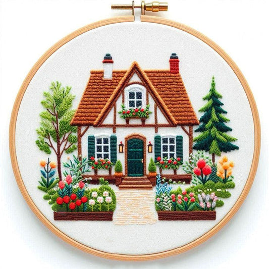 KTX-133267 Garden Cottage Landscape Embroidery Fabric Kit - Cotton & Linen, 28x28cm