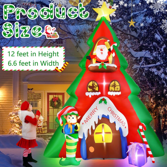 KTX-154771 10FT Inflatable Christmas Tree with Santa Claus House Decoration for Indoor and Outdoor Holiday Displays