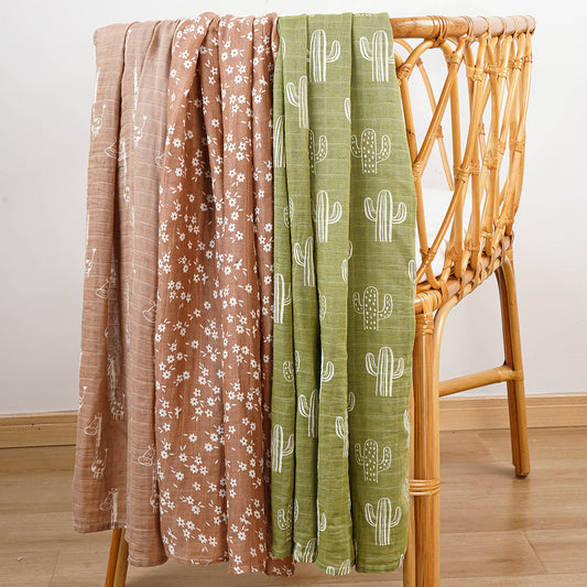 KTX-214931 3-Piece Baby Swaddling Blanket Set - 2-Layer Bamboo Fiber in Various Patterns for Summer Use