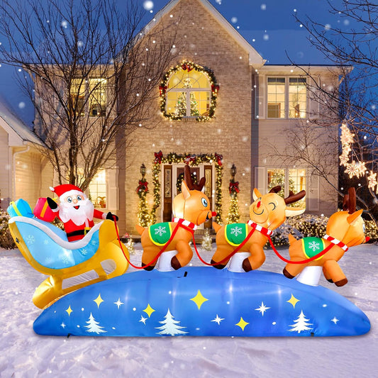 KTX-220307 9.5FT LED Christmas Inflatable with Santa and Reindeer for Outdoor Holiday Decoration