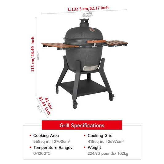 KTX-320083 Large 23.5 Inch Ceramic Charcoal Kamado Grill for Outdoor BBQ and Smoking
