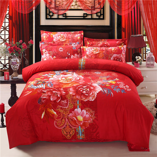 KTX-341907 Cotton Linen Quilt Cover Bedding Set in Red with Plant Floral Design for 1.8m Bed