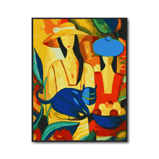 KTX-417555 Abstract Hand-Painted Digital Oil Painting of Woman and Cat on Stretch Frame, 40x50 cm