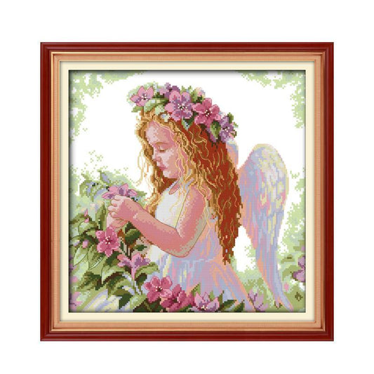 KTX-450323 Cute Angel Cross Stitch Embroidery Kit with High-Quality Cotton Thread and Needle, 45x45 cm Canvas