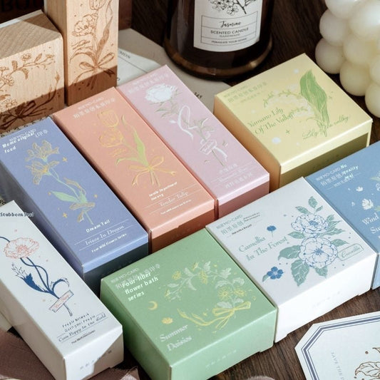 KTX-494547 Artistic Flower Wooden Stamp Set with Ink - Ideal for DIY Notebook Decoration