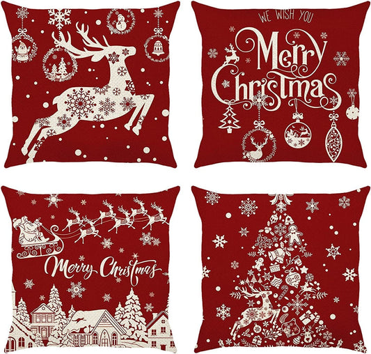 KTX-530515 Christmas Red Cartoon Pillow Cover 45x45cm Nordic Style Linen Set of 4