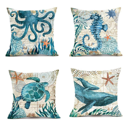 KTX-563283 Linen Chair Cushion with Marine Animal Design and Flax Filling, Perfect for Any Room