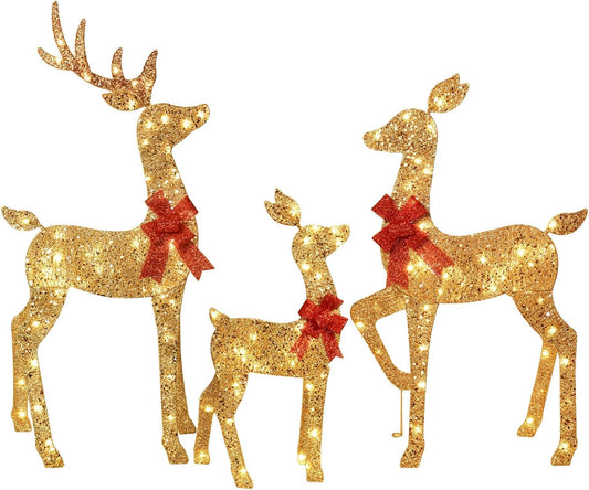 KTX-581907 3-Piece Lighted Outdoor Reindeer Family Set with 145 LED Lights - Elegant Holiday Yard Decoration