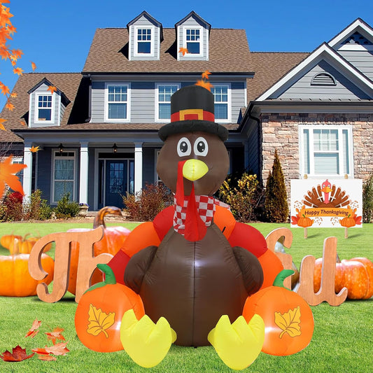 KTX-712979 Thanksgiving 6FT Inflatable Turkey Decoration with LED Lights for Yard and PatioFestivities