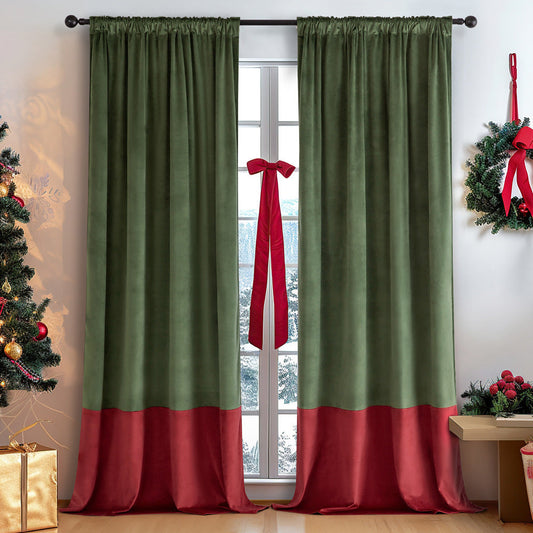 KTX-875027 Vintage Velvet Stitching Curtain - High Sunshade Red & Green Options, Various Sizes