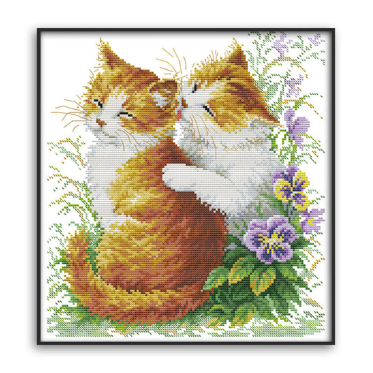 KTX-893267 Cartoon Couple Cat Cross Stitch Kit in Ecological Cotton, 11CT/14CT可选, Animal Pattern