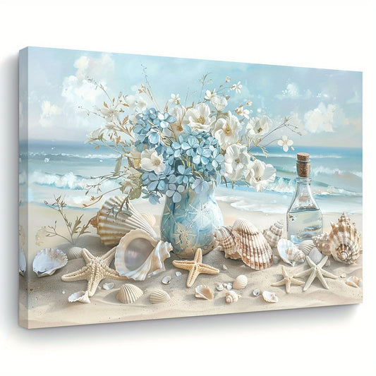 KTX-936659 Framed Blue Vase Floral Canvas Art with Wooden Frame for Home and Office Decor