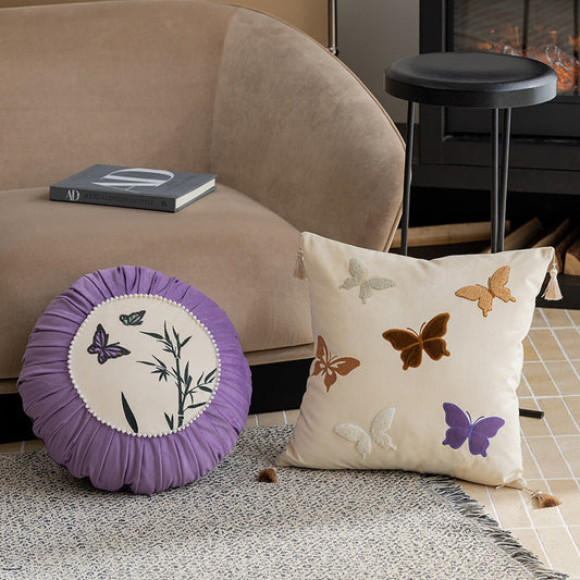 KTX-956627 Chinese Style Butterfly Embroidery Pillow in Beige, Black, and Purple - 45x45cm