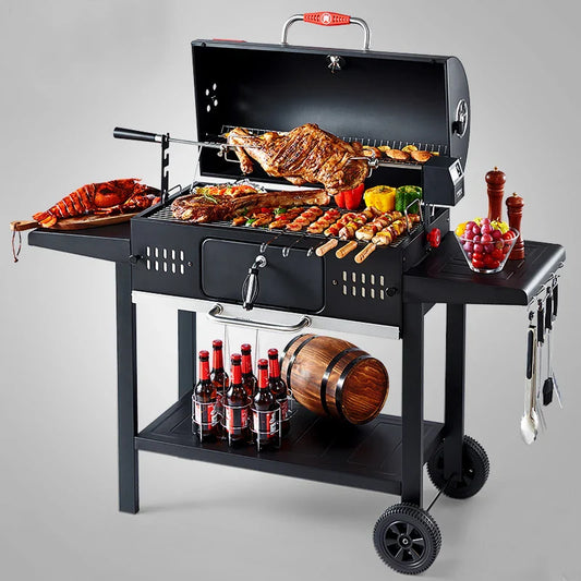 KTX-959635 Heavy Duty Pellet Smoker Rotisserie BBQ Charcoal Grill with Built-In or Trolley Design, Model BG033