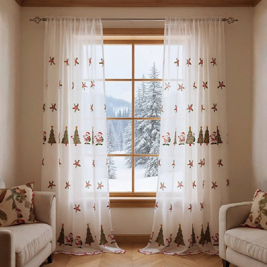 KTX-973331 Christmas Tree Embroidery Curtain - Polyester, Half Shade, 130x214cm & 130x245cm Options