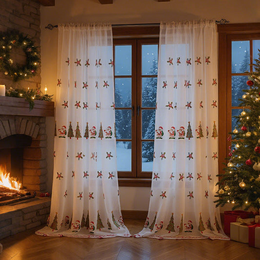 KTX-973331 Christmas Tree Embroidery Curtain - Polyester, Half Shade, 130x214cm & 130x245cm Options
