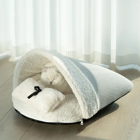 KTX-783443 Eco-Friendly Plush Semi-Circle Cat Bed for Winter Comfort, Soft Warm Sleeping Nest for Small Animals