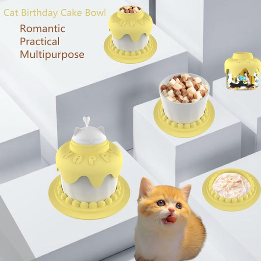 Cat Birthday Party Supplies Cat Birthday Cake Bowl Includes Cat Slow Feeder Bowl Cat Food Bowl Pet Food Can Cover Silicone Can Lids Cat Feeding Spoon