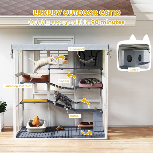 Large Outdoor Catio Cat Enclosure With Hammock, Condo,Platforms, Ladders, Ramps, Tarp, For 2-4 Large Cats, Gray