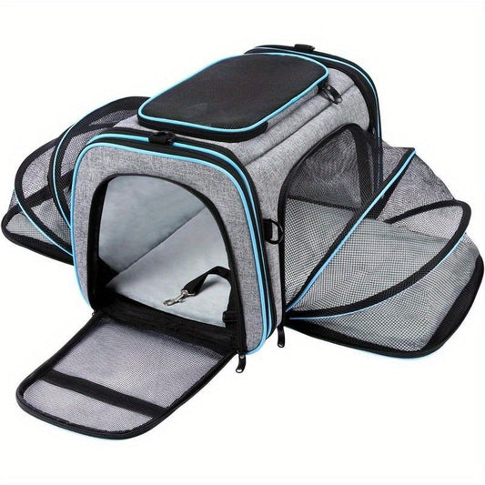 Approved Pet Carrier, Large Soft Sided Pet Travel TSA Carrier 4 Sides Expandable Cat Collapsible Carrier With Removable Fleece Pad And Pockets For Cats Dogs And Small Animals