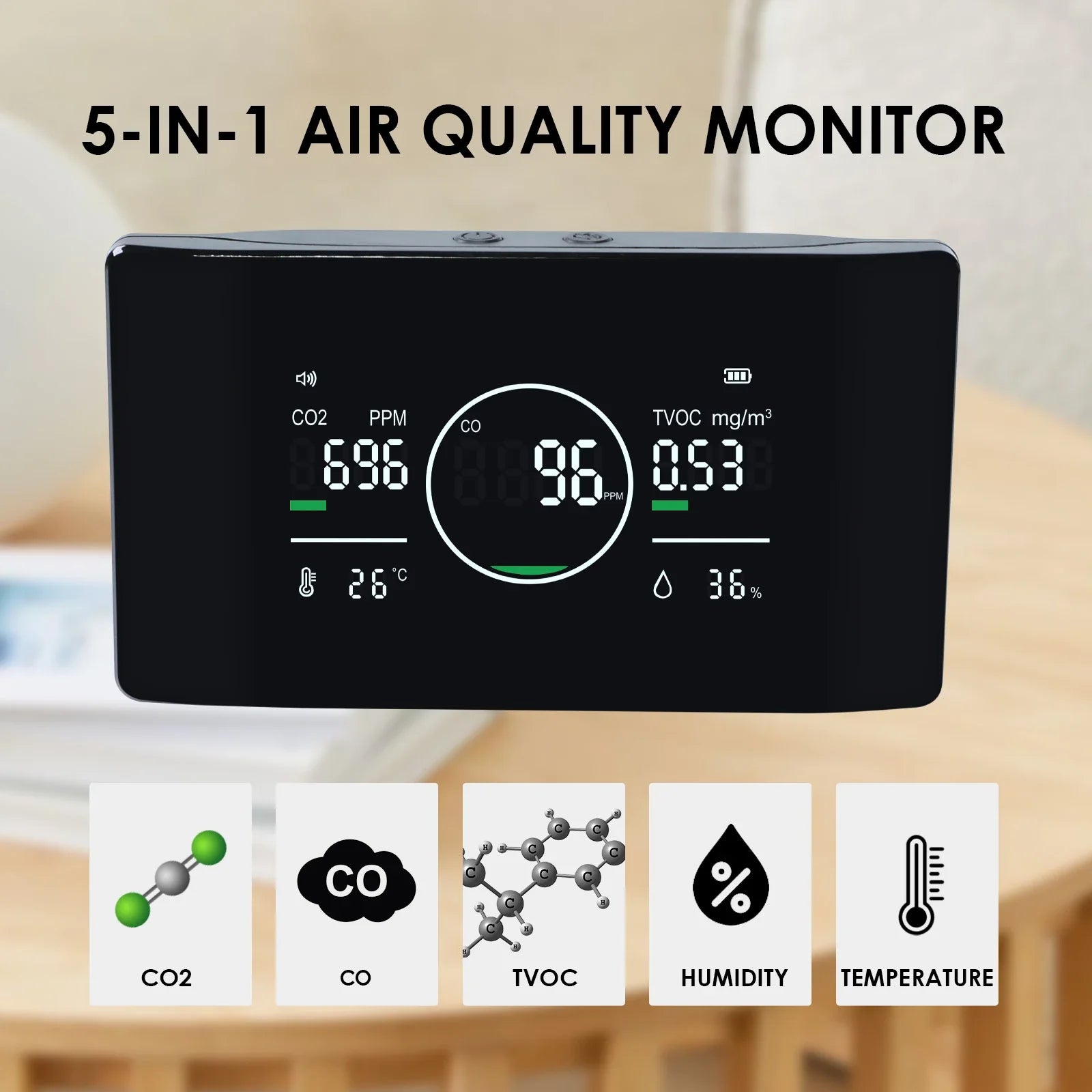 KTX-847507 5-in-1 Air Quality Monitor for CO, CO2, TVOC, Humidity, and Temperature Detection