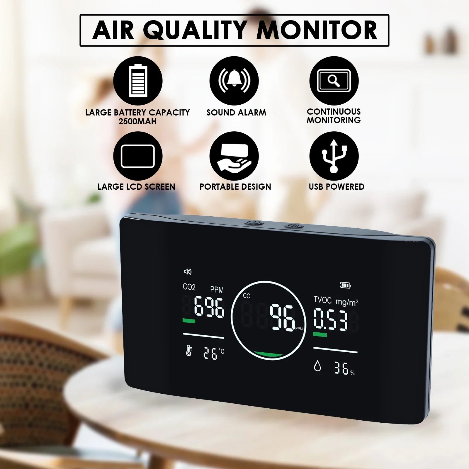 KTX-847507 5-in-1 Air Quality Monitor for CO, CO2, TVOC, Humidity, and Temperature Detection