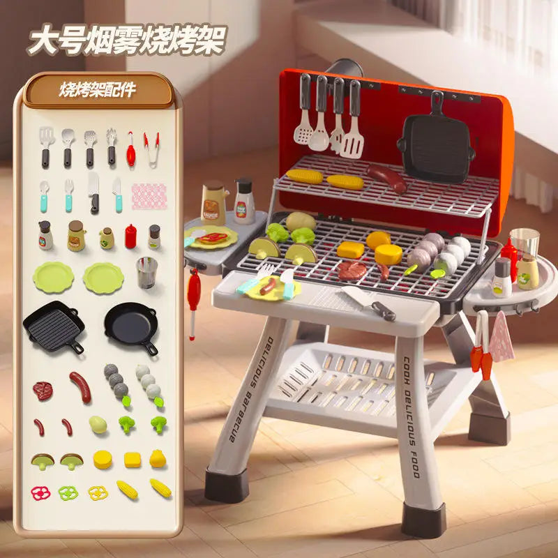 KTX-160787 41-Piece Kids Pretend Play Kitchen BBQ Grill Play Set with Double Deck BBQ and Food Accessories