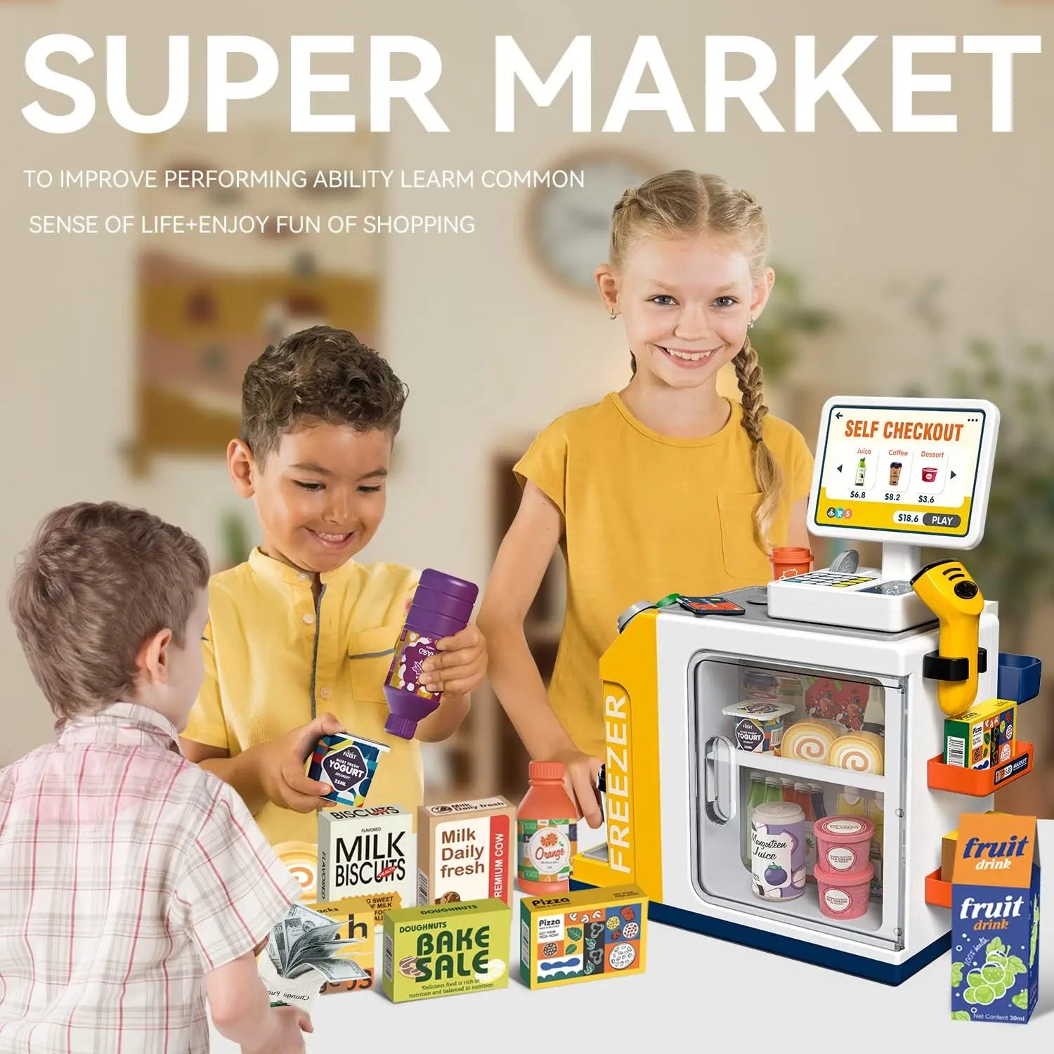 KTX-078291 46-Piece Kids Grocery Store Play Set with Cash Register and Scanner for Creative Pretend Play