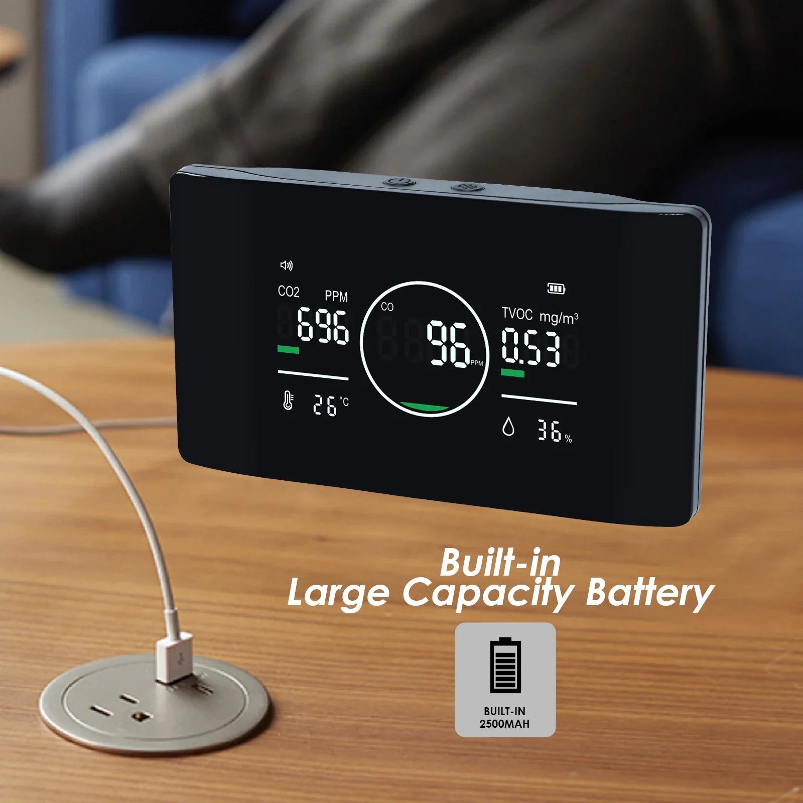 KTX-847507 5-in-1 Air Quality Monitor for CO, CO2, TVOC, Humidity, and Temperature Detection