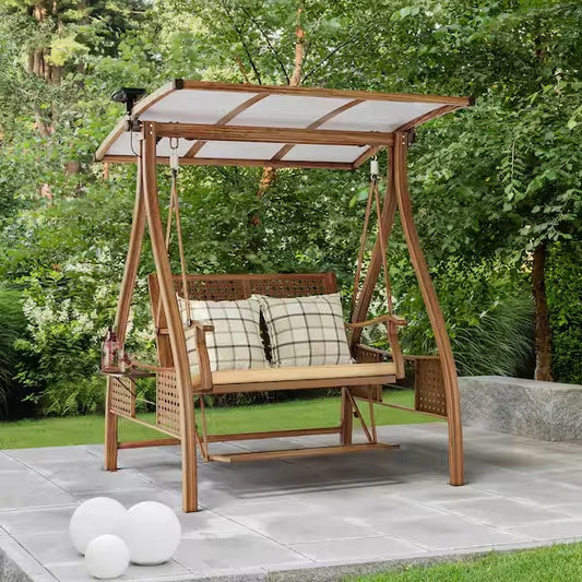 KTX-464019 Wooden Patio Swing Chair with Canopy for Garden and Backyard Relaxation