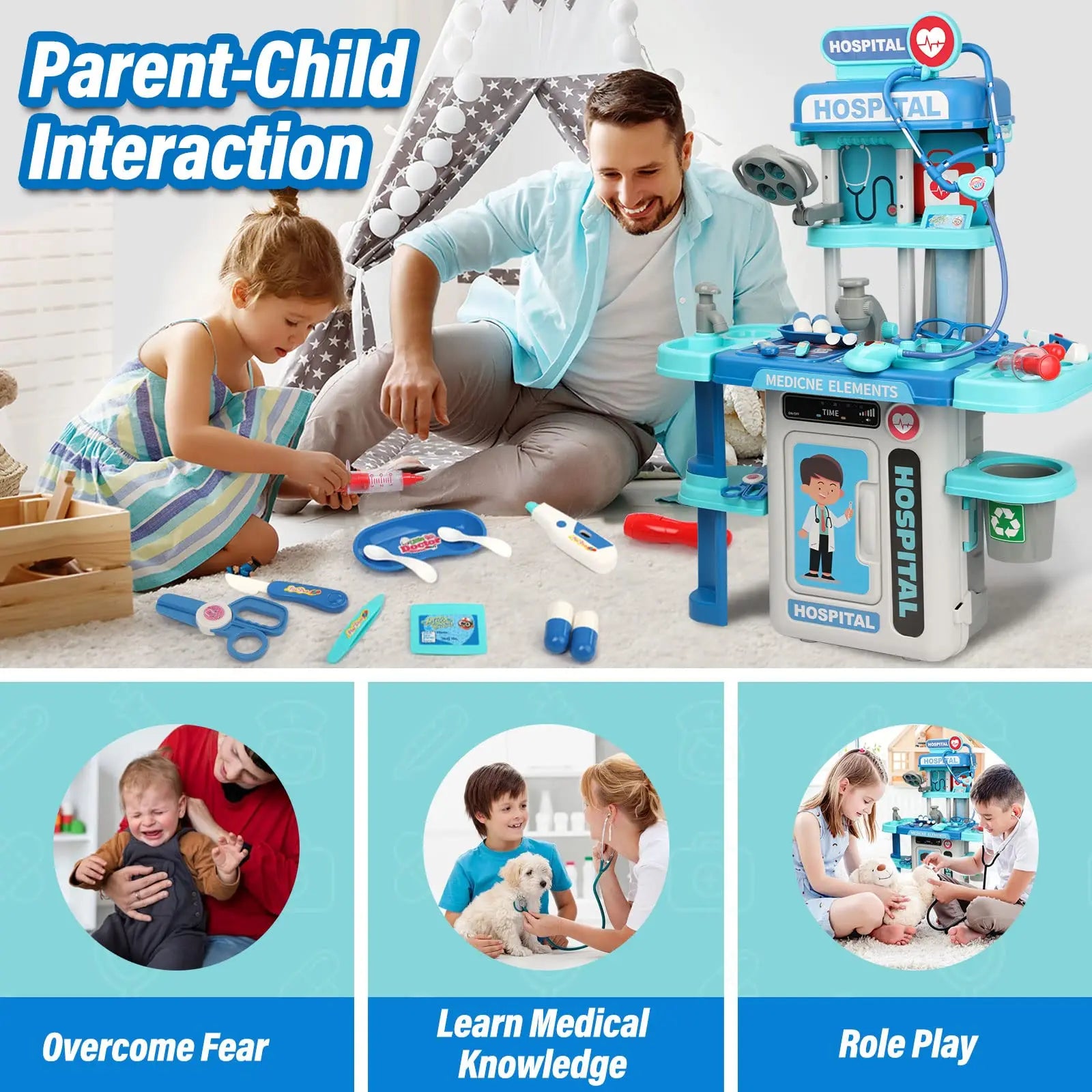 KTX-967699 3 in 1 Kids Medical Pretend Playset with Stethoscope and Surgical Light