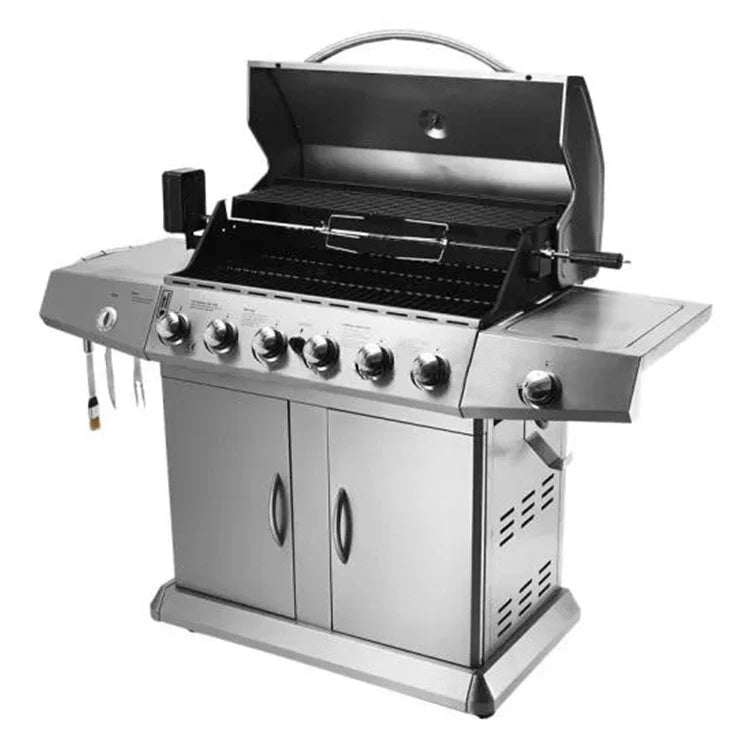 KTX-629651 6-Burner Gas BBQ Grill with Side Burner, Stainless Steel, Cast Iron Grates, and Wheels