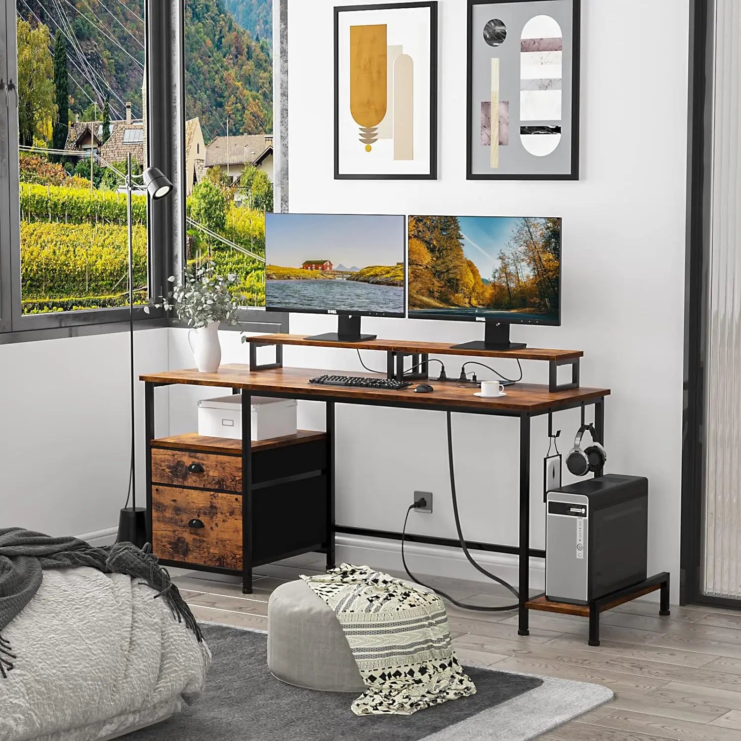 KTX-186067 Large Rustic Brown Computer Desk with 2 Removable Monitor Stands, CPU Stand, and Hooks for Home Office Use
