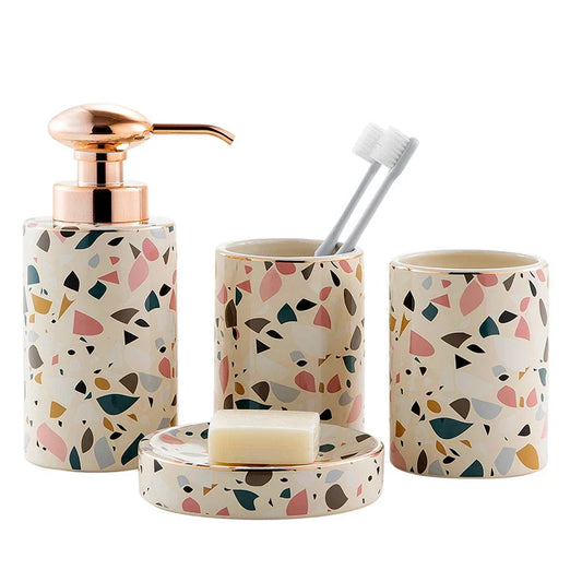 KTX-333651 Luxury Ceramic Bathroom Accessories Set - 4-Piece Soap Dispenser and Mouthwash Cup Collection
