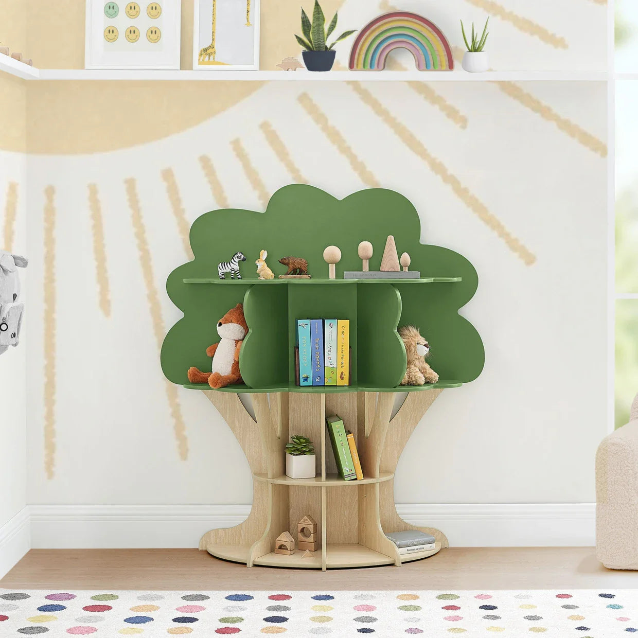 KTX-221395 Wooden Tree Bookshelf for Kids - Corner Ladder Display Stand for Books and Toys