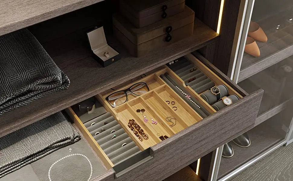 KTX-188243 Bamboo Utensil Drawer Organizer for Kitchen Silverware and Knives Storage