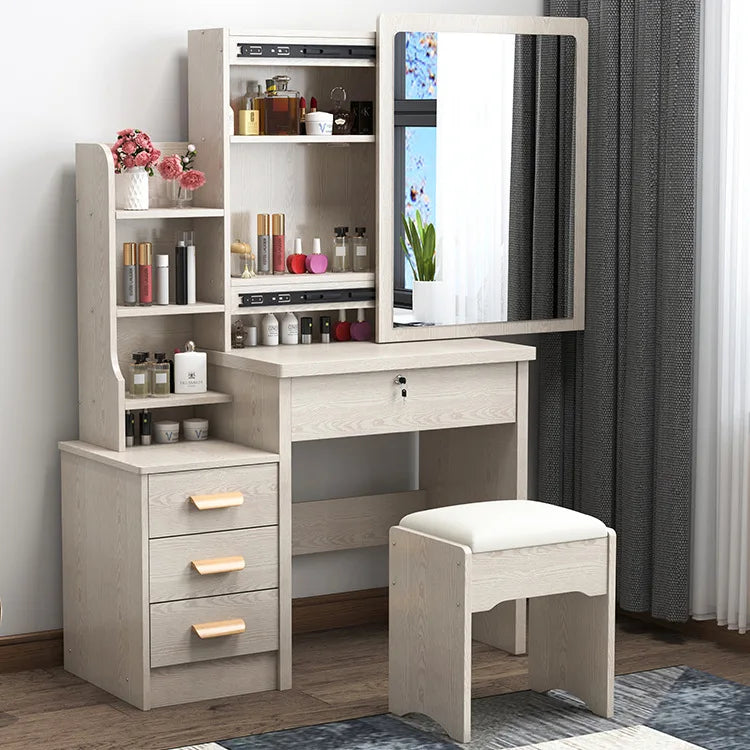 KTX-465171 Wooden Vanity Dressing Table Set with Cushioned Stool and Round Mirror