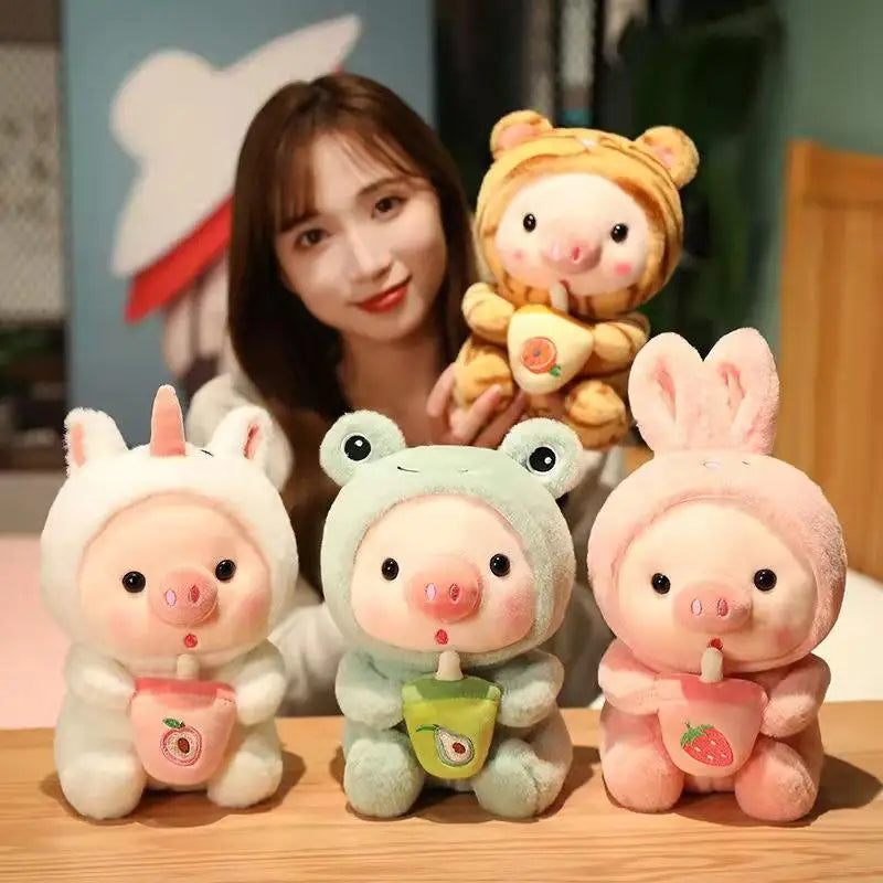 KTX-473811 Kawaii Pig Bubble Tea Plush Toy – Soft Sleeping Pillow Cushion for Kids and Adults