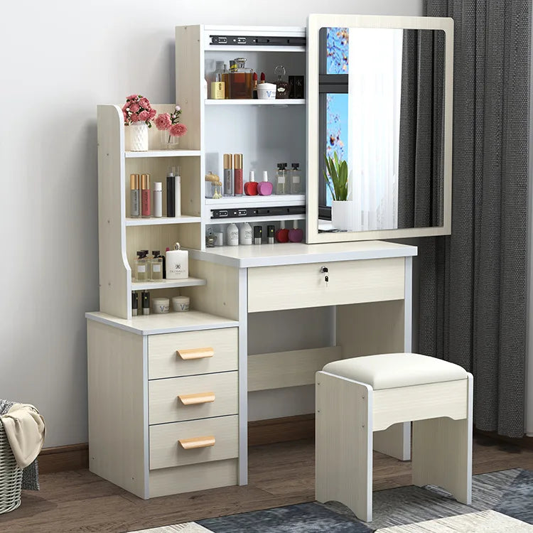 KTX-465171 Wooden Vanity Dressing Table Set with Cushioned Stool and Round Mirror