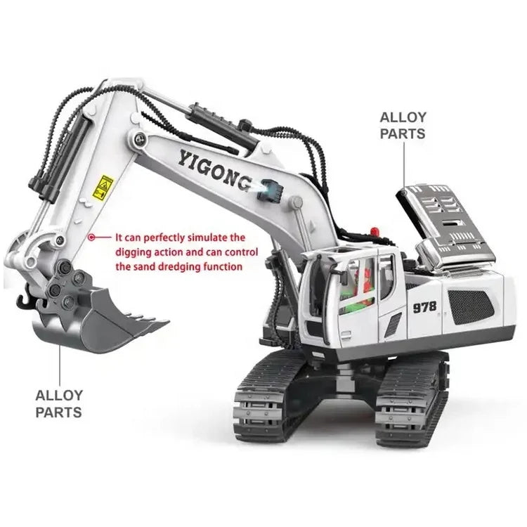KTX-582163 1/24 Scale Remote Control Excavator with 11 Channels, Lights and Sounds, Rechargeable Battery