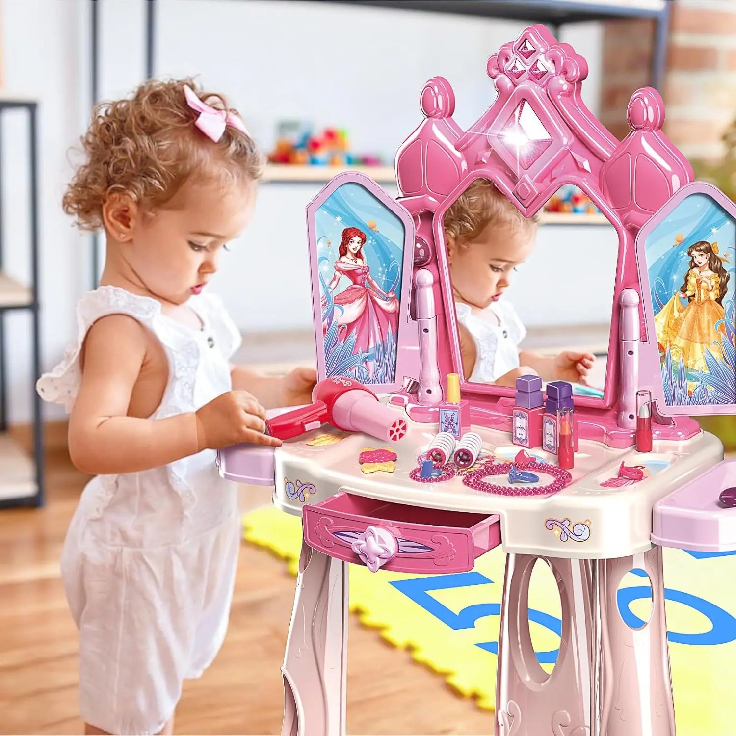 KTX-621907 Pretend Play Makeup Table Set for Girls with Lights, Music, and Openable Doors - Includes Stool